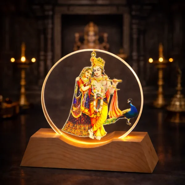 Radha Krishna Acrylic LED Lamp with Wood-Style Base | USB Powered Spiritual Desk Night Light
